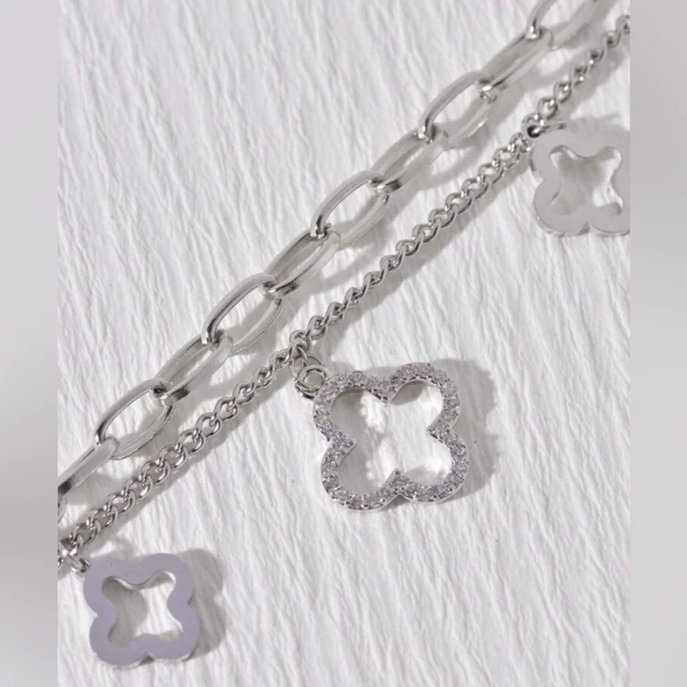 Elegant Silver Bracelet with Motif Flower Charms Double Chain
